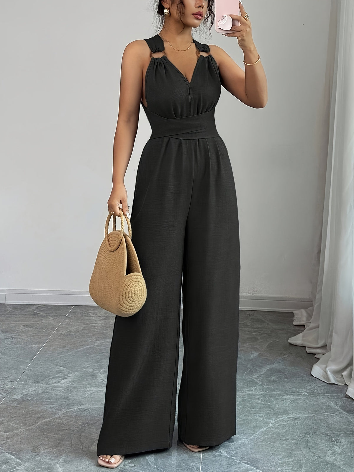 Fashionable and sexy V-neck backless crossover waist wide-leg jumpsuit
