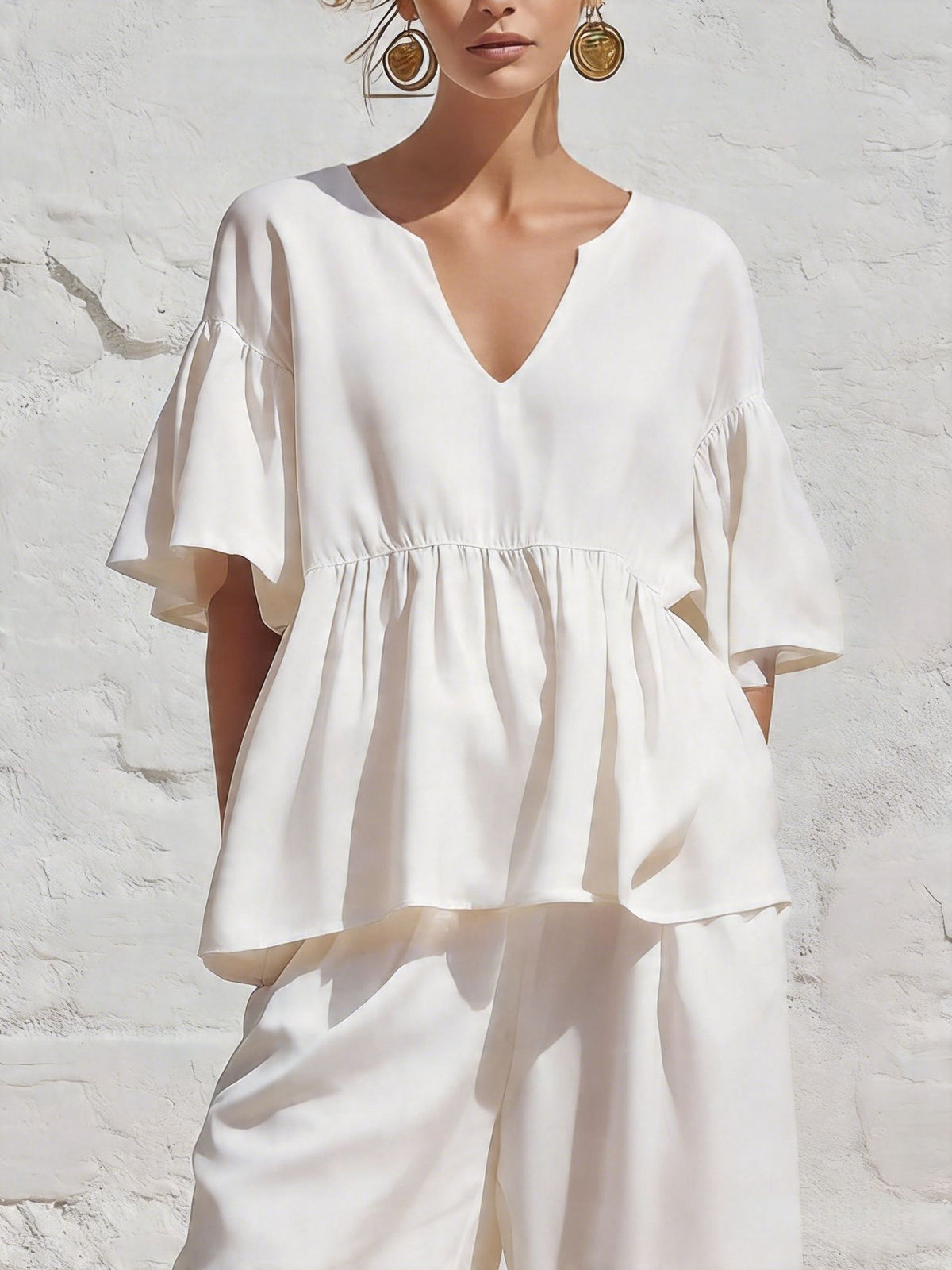 Relaxed Ruffled Three-Quarter Sleeve V-Neck Cotton Linen Summer Top