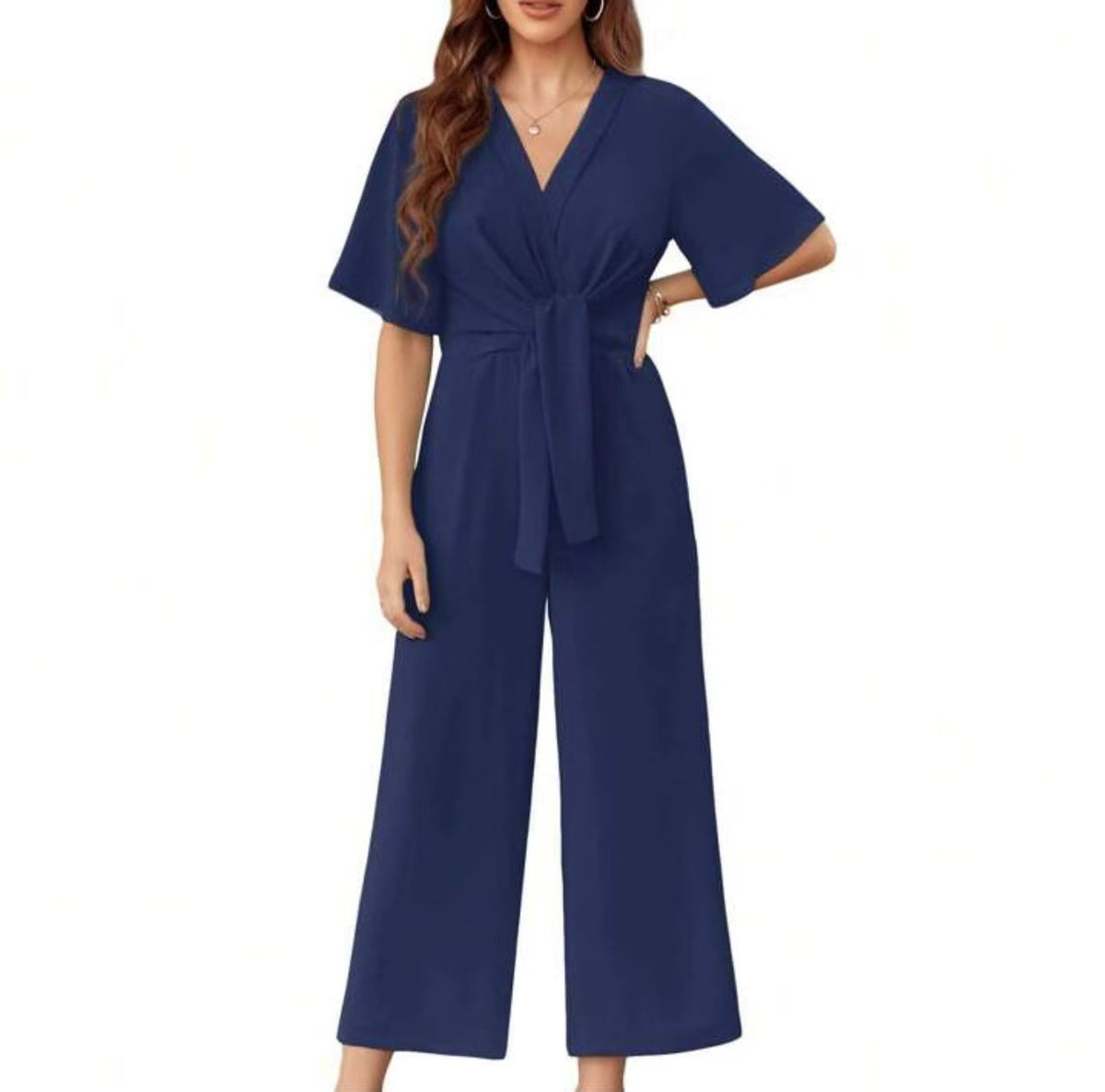Solid color V-neck minimalist design short-sleeved jumpsuit