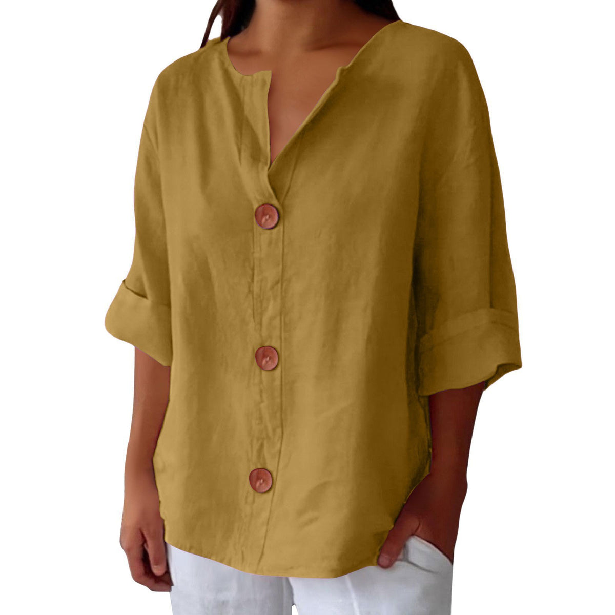 New loose-fitting V-neck cotton linen button-down top